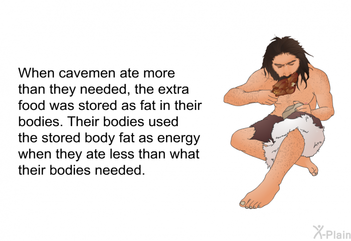 When cavemen ate more than they needed, the extra food was stored as fat in their bodies. Their bodies used the stored body fat as energy when they ate less than what their bodies needed.