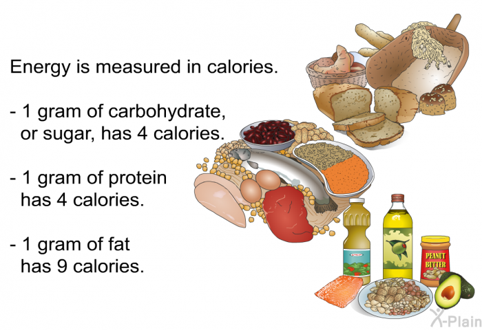 Energy is measured in calories.  1 gram of carbohydrate, or sugar, has 4 calories. 1 gram of protein has 4 calories. 1 gram of fat has 9 calories.
