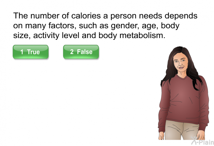 The number of calories a person needs depends on many factors, such as gender, age, body size, activity level and body metabolism.