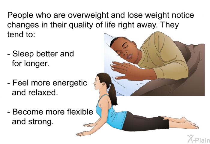 People who are overweight and lose weight notice changes in their quality of life right away. They tend to:  Sleep better and for longer. Feel more energetic and relaxed. Become more flexible and strong.