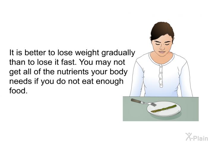 It is better to lose weight gradually than to lose it fast. You may not get all of the nutrients your body needs if you do not eat enough food.