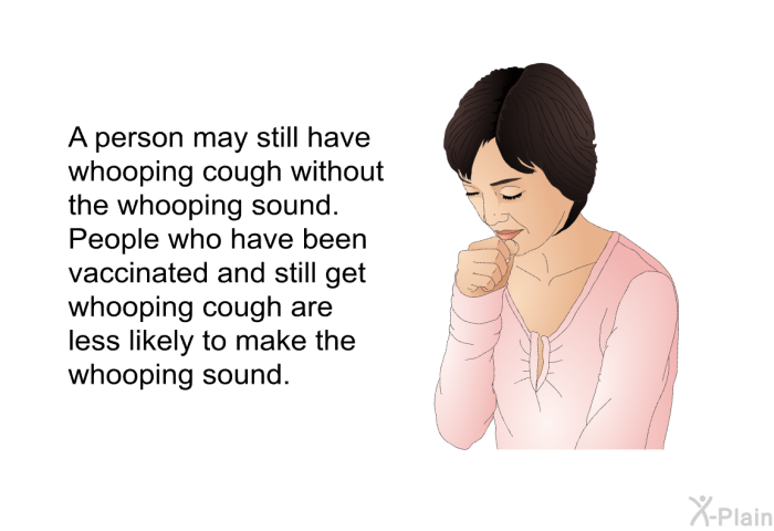 A person may still have whooping cough without the whooping sound. People who have been vaccinated and still get whooping cough are less likely to make the whooping sound.