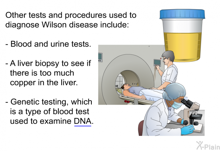 Other tests and procedures used to diagnose Wilson disease include:  Blood and urine tests. A liver biopsy to see if there is too much copper in the liver. Genetic testing, which is a type of blood test used to examine DNA.