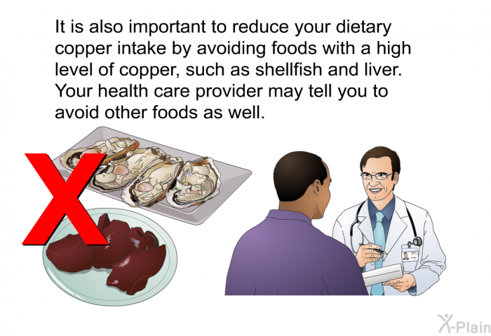 It is also important to reduce your dietary copper intake by avoiding foods with a high level of copper, such as shellfish and liver. Your health care provider may tell you to avoid other foods as well.