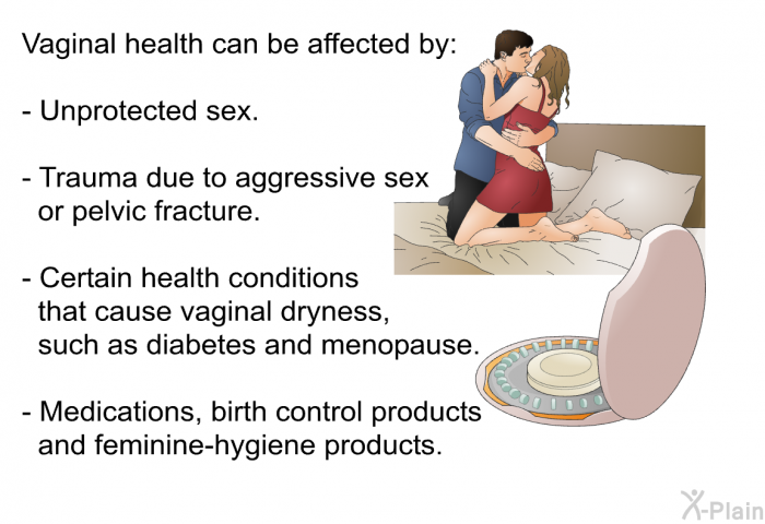 Vaginal health can be affected by:  Unprotected sex. Trauma due to aggressive sex or pelvic fracture. Certain health conditions that cause vaginal dryness, such as diabetes and menopause. Medications, birth control products and feminine-hygiene products.