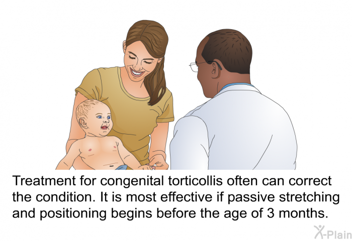 Treatment for congenital torticollis often can correct the condition. It is most effective if passive stretching and positioning begins before the age of 3 months.