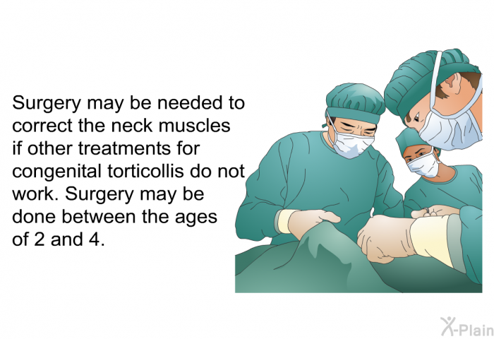 Surgery may be needed to correct the neck muscles if other treatments for congenital torticollis do not work. Surgery may be done between the ages of 2 and 4.