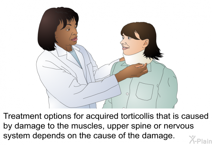 Treatment options for acquired torticollis that is caused by damage to the muscles, upper spine or nervous system depends on the cause of the damage.