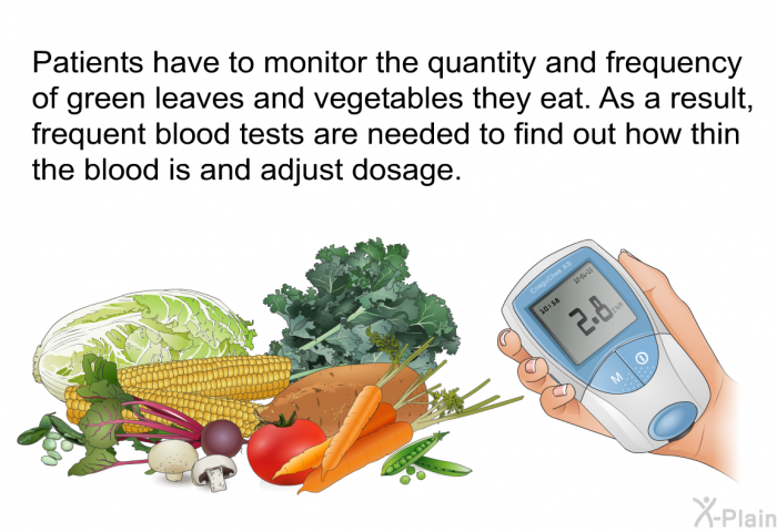 Patients have to monitor the quantity and frequency of green leaves and vegetables they eat. As a result, frequent blood tests are needed to find out how thin the blood is and adjust dosage.