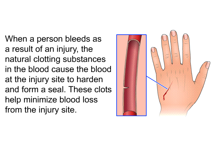 When a person bleeds as a result of an injury, the natural clotting substances in the blood cause the blood at the injury site to harden and form a seal. These clots help minimize blood loss from the injury site.