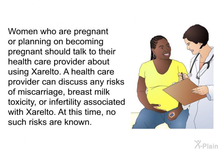 Women who are pregnant or planning on becoming pregnant should talk to their health care provider about using Xarelto. A health care provider can discuss any risks of miscarriage, breast milk toxicity, or infertility associated with Xarelto. At this time, no such risks are known.