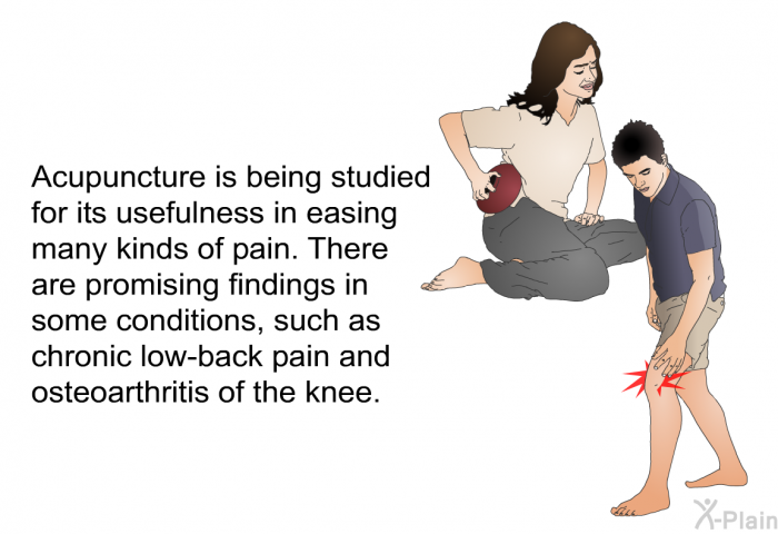 Acupuncture is being studied for its usefulness in easing many kinds of pain. There are promising findings in some conditions, such as chronic low-back pain and osteoarthritis of the knee.