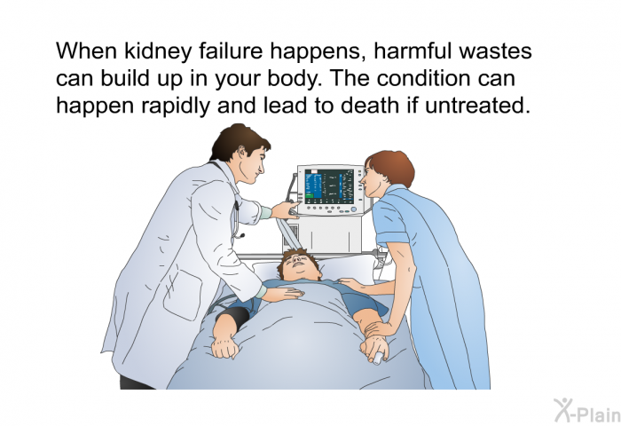 When kidney failure happens, harmful wastes can build up in your body. The condition can happen rapidly and lead to death if untreated.