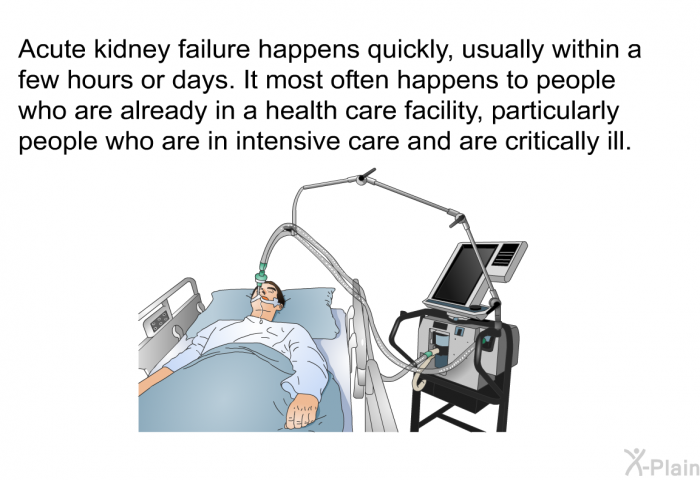 Acute kidney failure happens quickly, usually within a few hours or days. It most often happens to people who are already in a health care facility, particularly people who are in intensive care and are critically ill.