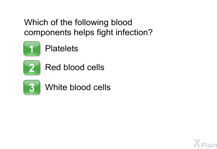 Which of the following blood components helps fight infection? Choose one of the following.  Platelets Red blood cells White blood cells