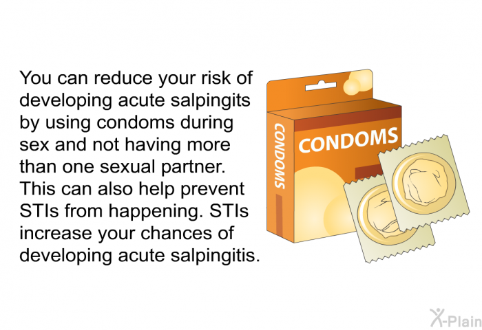 You can reduce your risk of developing acute salpingits by using condoms during sex and not having more than one sexual partner. This can also help prevent STIs from happening. STIs increase your chances of developing acute salpingitis.