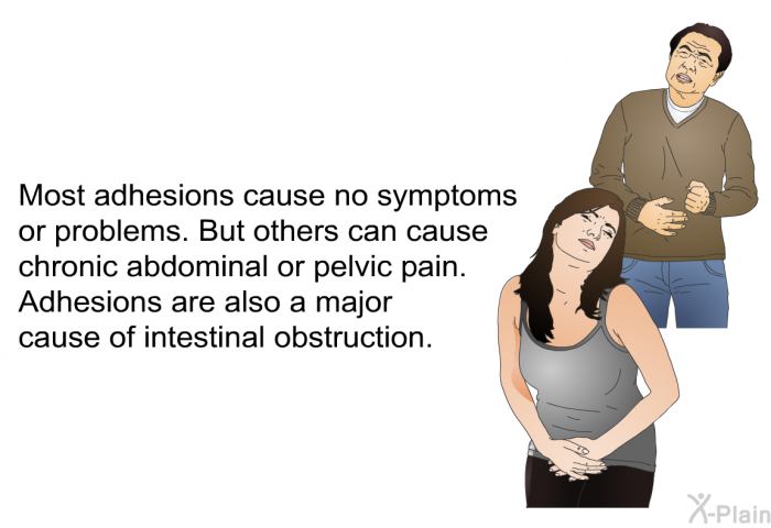 Most adhesions cause no symptoms or problems. But others can cause chronic abdominal or pelvic pain. Adhesions are also a major cause of intestinal obstruction.