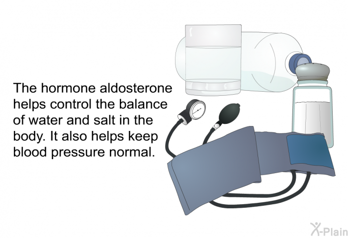 The hormone aldosterone helps control the balance of water and salt in the body. It also helps keep blood pressure normal.