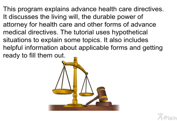 This health information explains advance health care directives. It discusses the living will, the durable power of attorney for health care and other forms of advance medical directives. The health information uses hypothetical situations to explain some topics. It also includes helpful information about applicable forms and getting ready to fill them out.