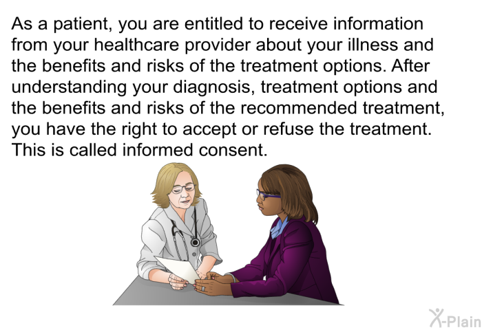 As a patient, you are entitled to receive information from your healthcare provider about your illness and the benefits and risks of the treatment options. After understanding your diagnosis, treatment options and the benefits and risks of the recommended treatment, you have the right to accept or refuse the treatment. This is called informed consent.