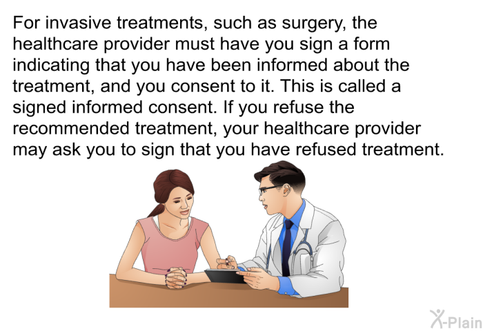 For invasive treatments, such as surgery, the healthcare provider must have you sign a form indicating that you have been informed about the treatment, and you consent to it. This is called a signed informed consent. If you refuse the recommended treatment, your healthcare provider may ask you to sign that you have refused treatment.