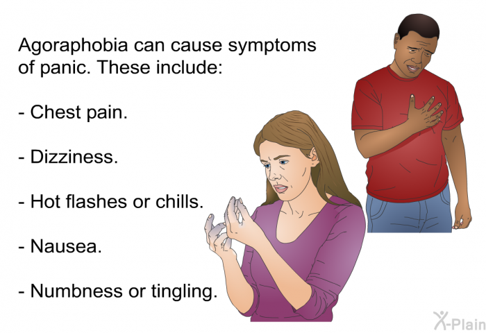 Agoraphobia can cause symptoms of panic. These include:  Chest pain. Dizziness. Hot flashes or chills. Nausea. Numbness or tingling.