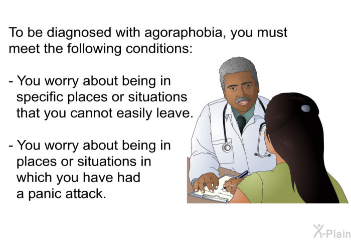 To be diagnosed with agoraphobia, you must meet the following conditions:  You worry about being in specific places or situations that you cannot easily leave. You worry about being in places or situations in which you have had a panic attack.