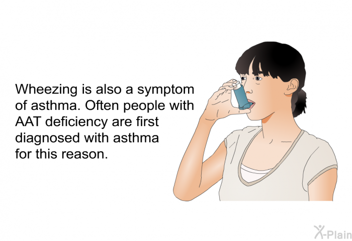 Wheezing is also a symptom of asthma. Often people with AAT deficiency are first diagnosed with asthma for this reason.