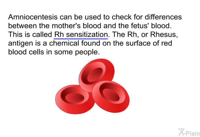 Amniocentesis can be used to check for differences between the mother's blood and the fetus' blood. This is called Rh sensitization. The Rh, or Rhesus, antigen is a chemical found on the surface of red blood cells in some people.