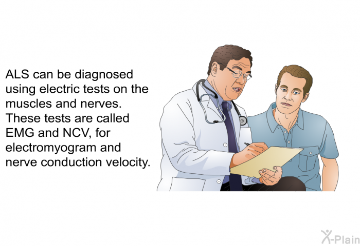 ALS can be diagnosed using electric tests on the muscles and nerves. These tests are called EMG and NCV, for electromyogram and nerve conduction velocity.