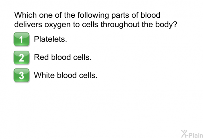 Which one of the following parts of blood delivers oxygen to cells throughout the body?  Platelets. Red blood cells. White blood cells.