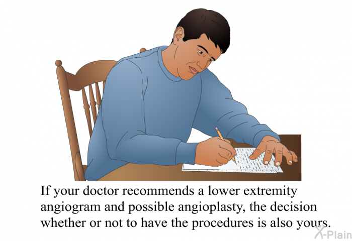 If your doctor recommends a lower extremity angiogram and possible angioplasty, the decision whether or not to have the procedures is also yours.