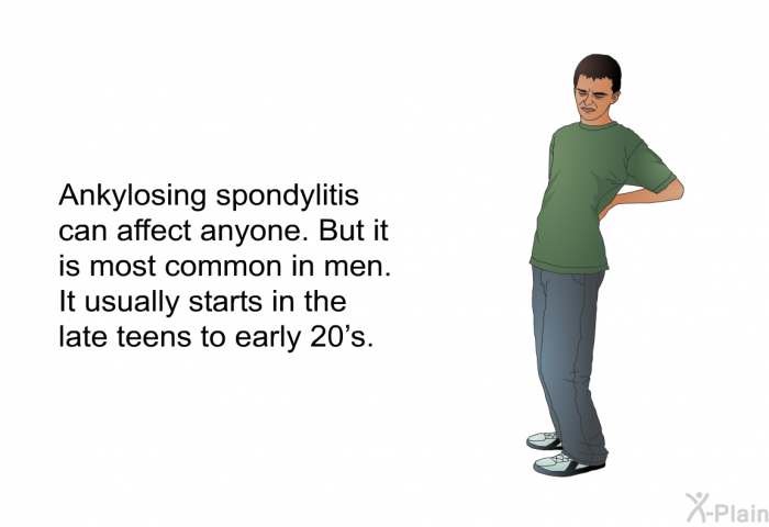 Ankylosing spondylitis can affect anyone. But it is most common in men. It usually starts in the late teens to early 20's.