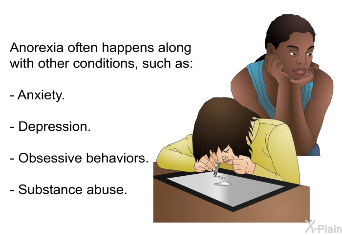 Anorexia often happens along with other conditions, such as:  Anxiety. Depression. Obsessive behaviors. Substance abuse.