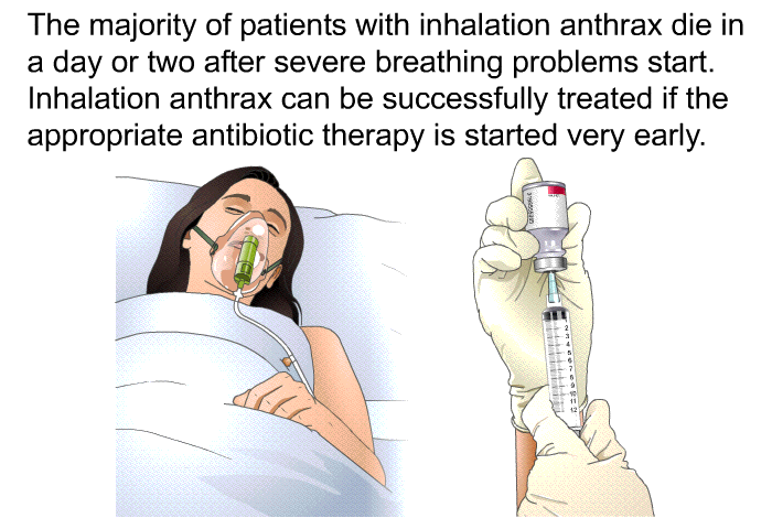 The majority of patients with inhalation anthrax die in a day or two after severe breathing problems start. Inhalation anthrax can be successfully treated if the appropriate antibiotic therapy is started very early.
