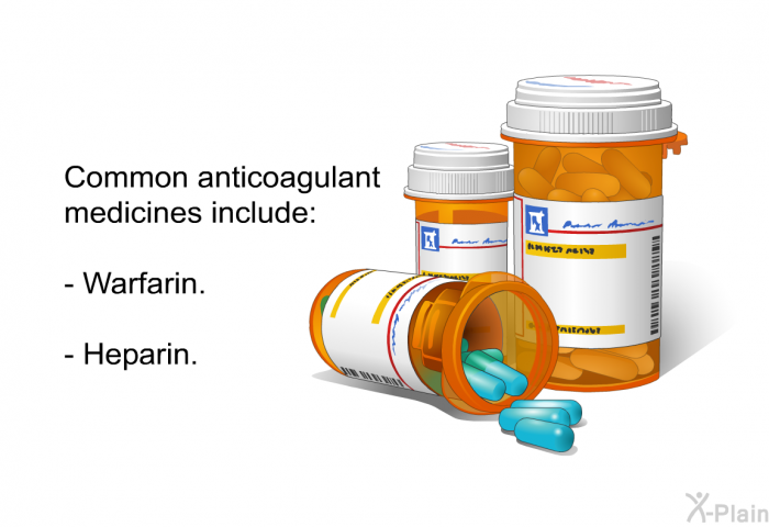 Common anticoagulant medicines include:  Warfarin. Heparin.