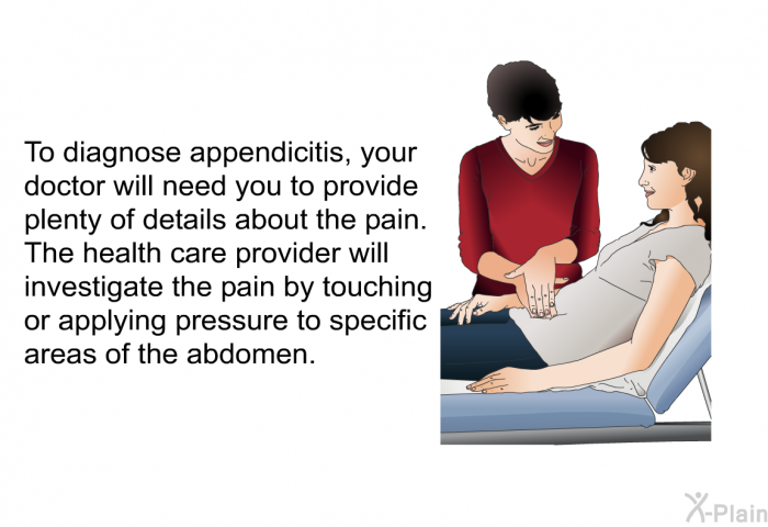To diagnose appendicitis, your doctor will need you to provide plenty of details about the pain. The health care provider will investigate the pain by touching or applying pressure to specific areas of the abdomen.