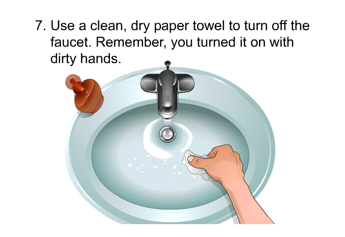 Use a clean, dry paper towel to turn off the faucet. Remember, you turned it on with dirty hands.