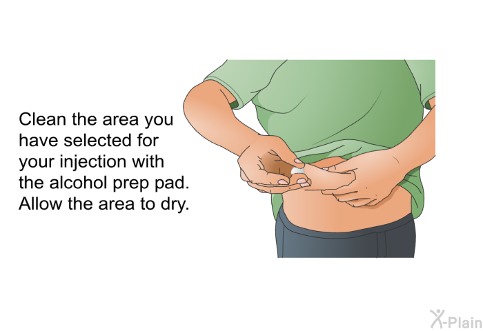 Clean the area you have selected for your injection with the alcohol prep pad. Allow the area to dry.