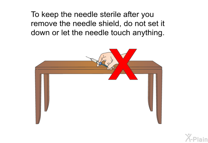 To keep the needle sterile after you remove the needle shield, do not set it down or let the needle touch anything.