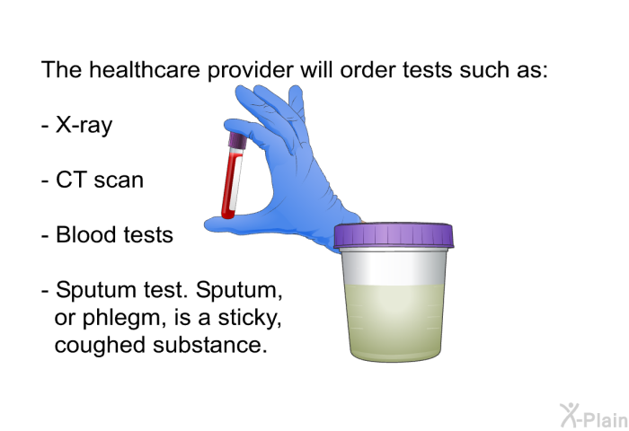 The healthcare provider will order tests such as:  X-ray CT scan Blood tests   Sputum test. Sputum, or phlegm, is a sticky, coughed substance.