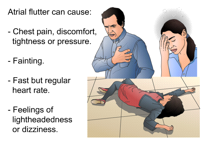 Atrial flutter can cause:  Chest pain, discomfort, tightness or pressure. Fainting. Fast but regular heart rate. Feelings of lightheadedness or dizziness.