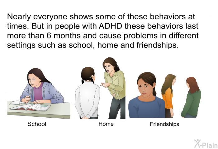 Nearly everyone shows some of these behaviors at times. But in people with ADHD these behaviors last more than 6 months and cause problems in different settings such as school, home and friendships.