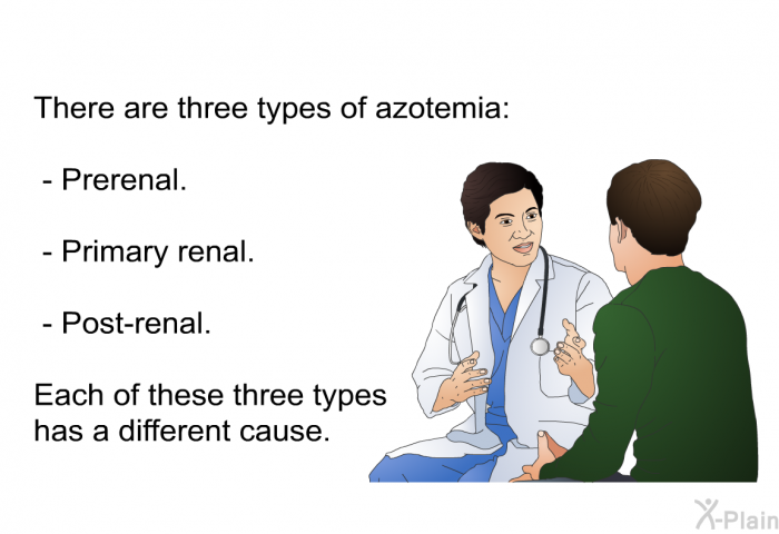 There are three types of azotemia:  Prerenal. Primary renal. Post-renal.  
 Each of these three types has a different cause.