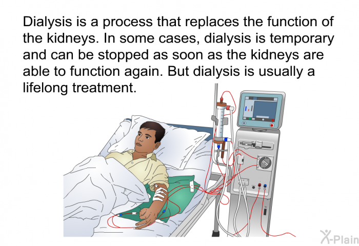 Dialysis is a process that replaces the function of the kidneys. In some cases, dialysis is temporary and can be stopped as soon as the kidneys are able to function again. But dialysis is usually a lifelong treatment.