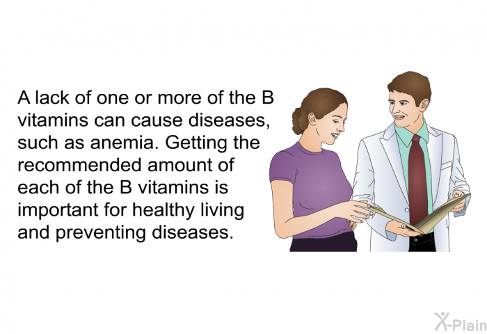 A lack of one or more of the B vitamins can cause diseases, such as anemia. Getting the recommended amount of each of the B vitamins is important for healthy living and preventing diseases.