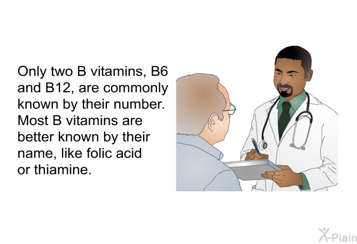Only two B vitamins, B6 and B12, are commonly known by their number. Most B vitamins are better known by their name, like folic acid or thiamine.