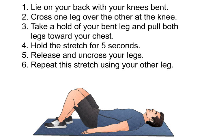 Lie on your back with your knees bent. Cross one leg over the other at the knee. Take a hold of your bent leg and pull both legs toward your chest. Hold the stretch for 5 seconds. Release and uncross your legs. Repeat this stretch using your other leg.