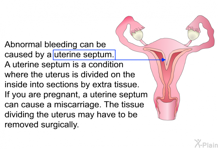 Abnormal bleeding can be caused by a uterine septum. A uterine septum is a condition where the uterus is divided on the inside into sections by extra tissue. If you are pregnant, a uterine septum can cause a miscarriage. The tissue dividing the uterus may have to be removed surgically.