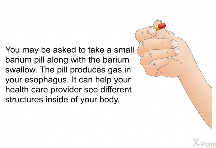 You may be asked to take a small barium pill along with the barium swallow. The pill produces gas in your esophagus. It can help your health care provider see different structures inside of your body.